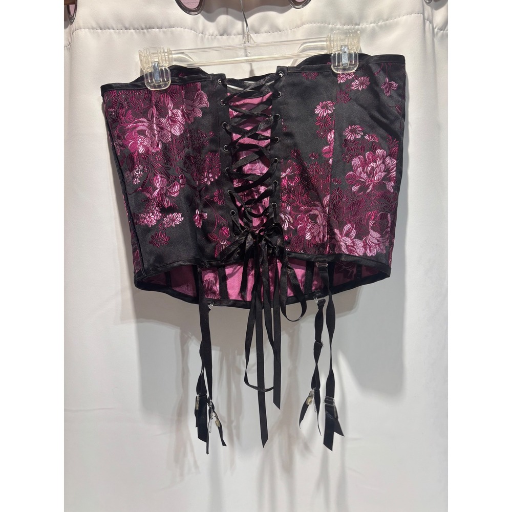 Fredericks of Hollywood Corset Women Large Pink Black Floral Brocade Garter Top